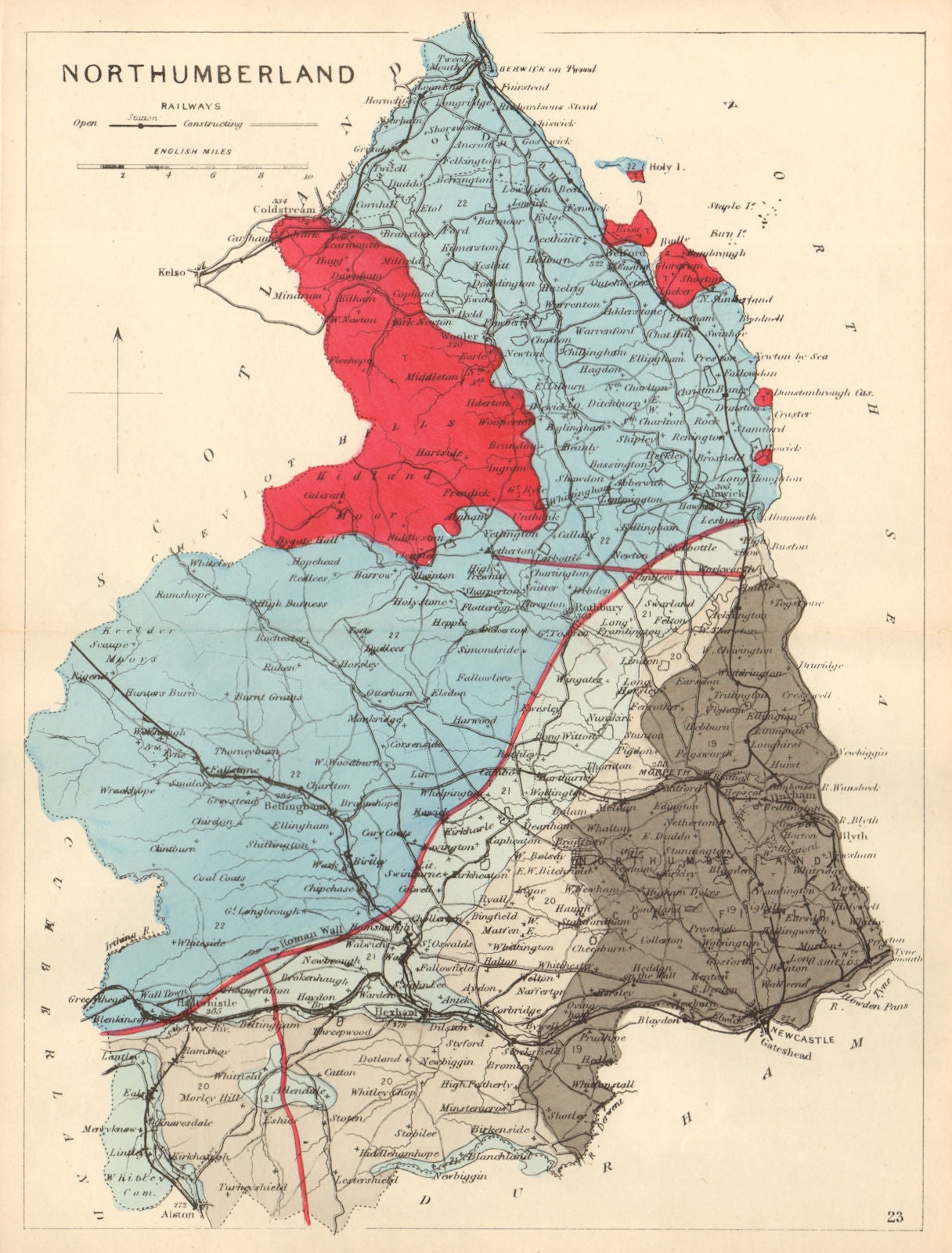 NORTHUMBERLAND antique geological county map by James Reynolds 1864
